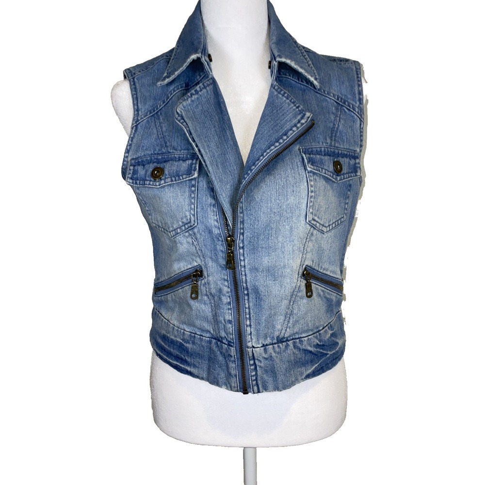 Billabong Denim Vest Woman's Size Small Distressed Blue Western Wear‎ Cowgirl